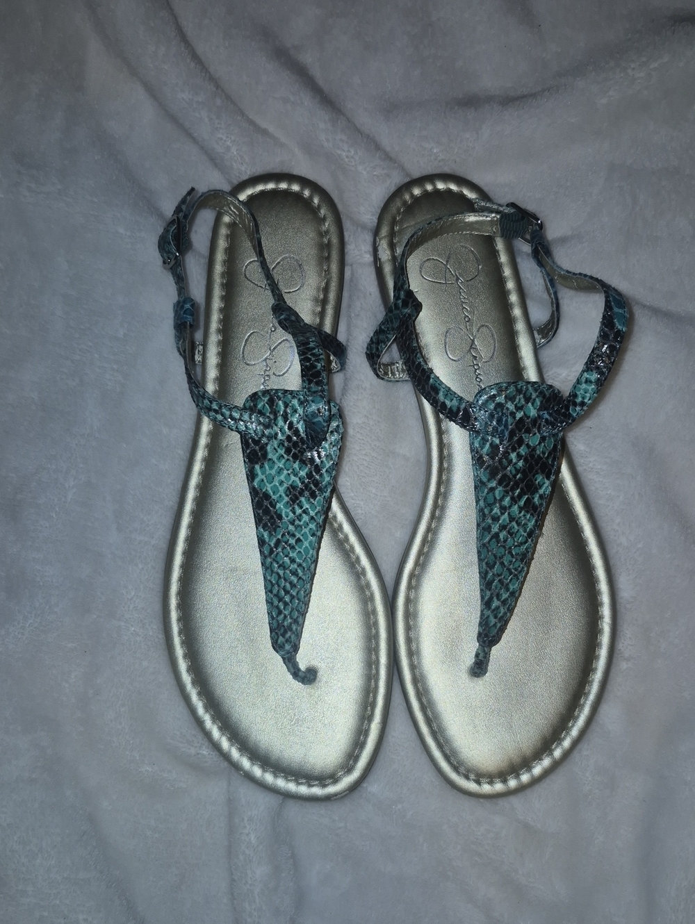 Jessica Simpson Teal Snake-Print T-Strap Sandals